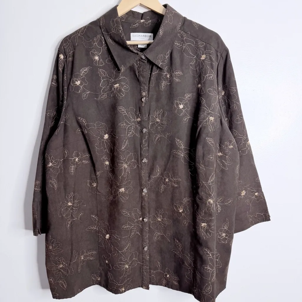 Sag Harbor Brown Floral Embroidered Blouse 3X Suede Feel Cuff Slit Casual Boho - Image 1