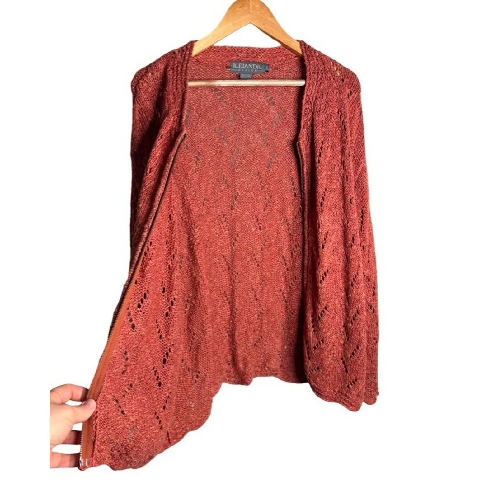 Icelandic Design Cardigan Salmon Pink Size Large Linen Zip Up Open Knit 1998 - Image 5