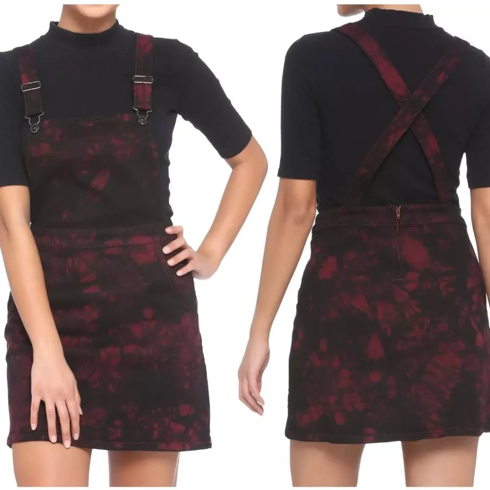 Hot Topic Tie-Dye Denim Overall Dress Womens S Black Red Skirtall Pinafore Rock - Image 2