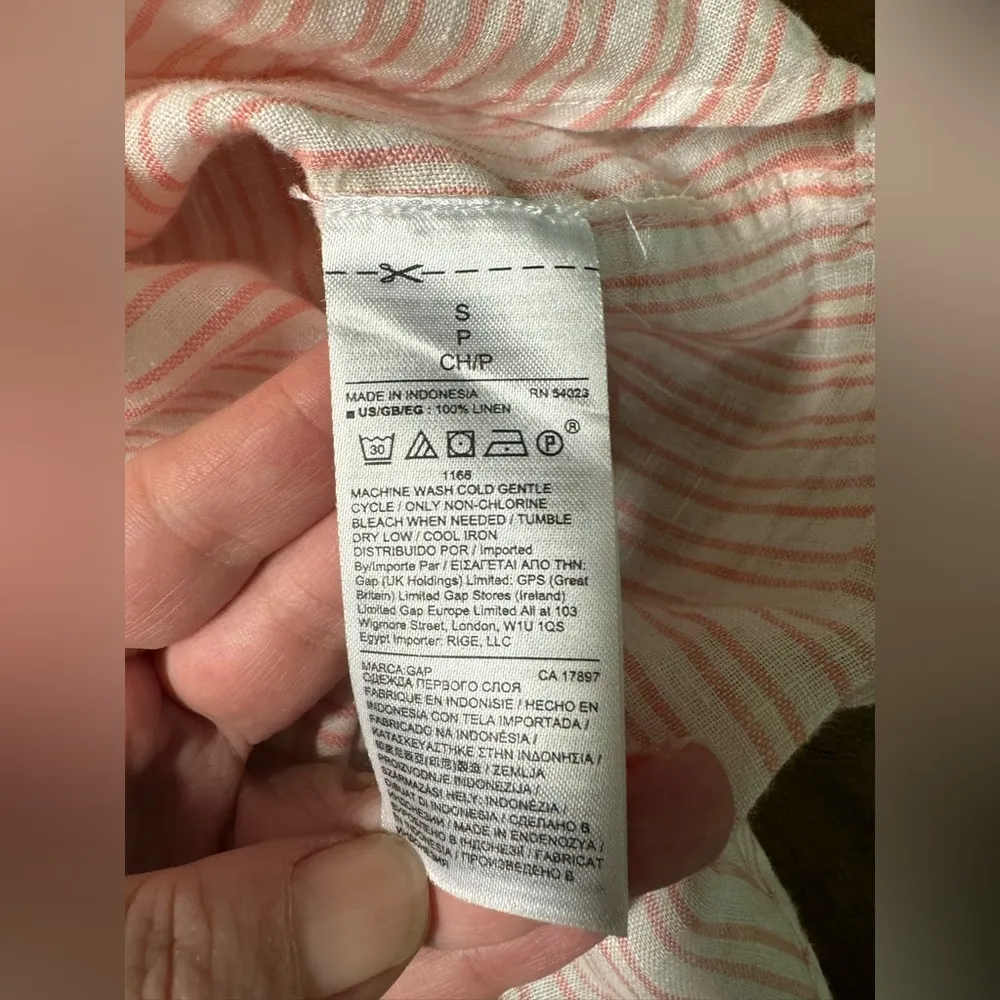 GAP Linen Boyfriend Fit Long Sleeve Button Up Shirt White Orange Stripe Size Sm - Image 7
