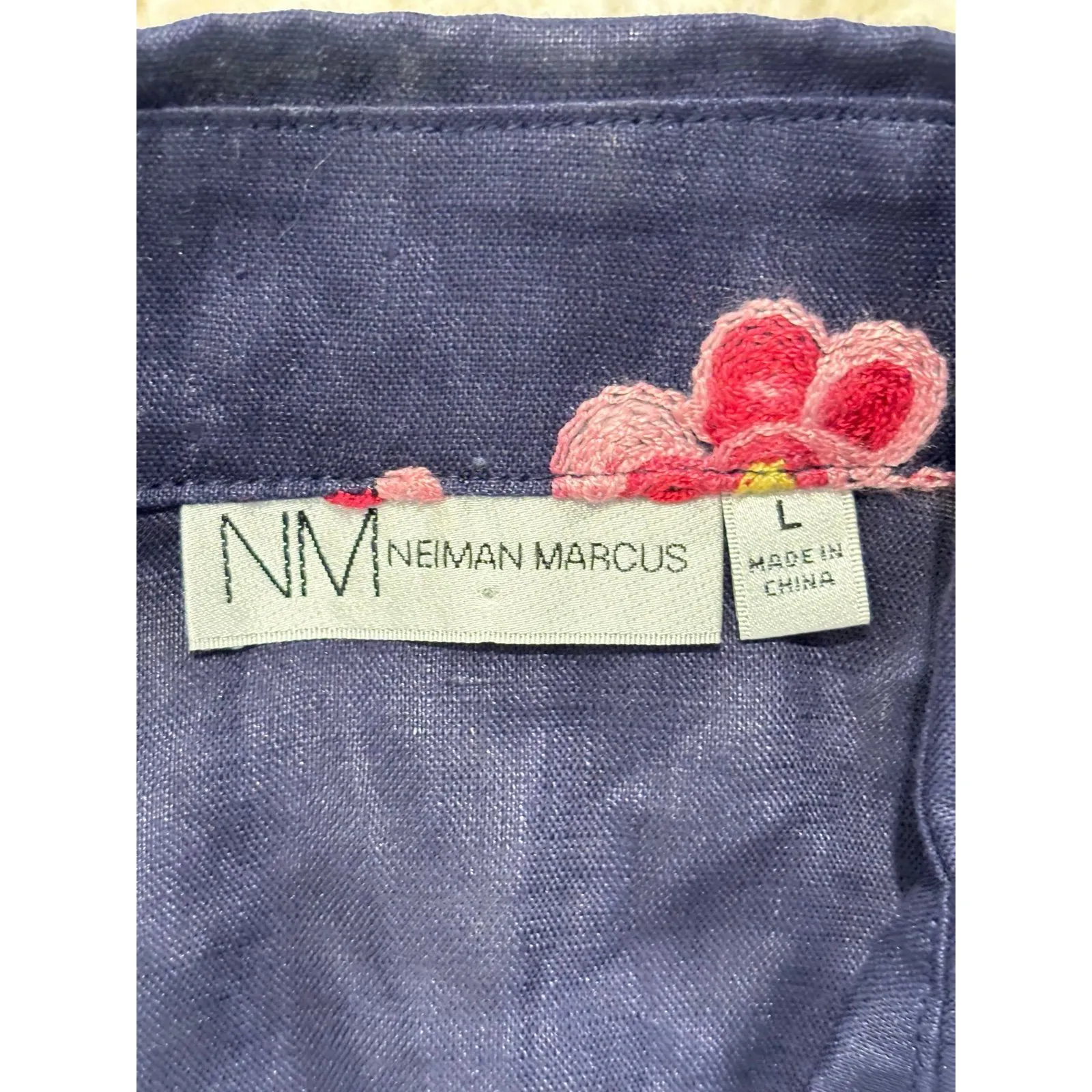 NEIMAN MARCUS Navy Blue Linen Tie Front No Button Embroidered Jacket L - Image 5