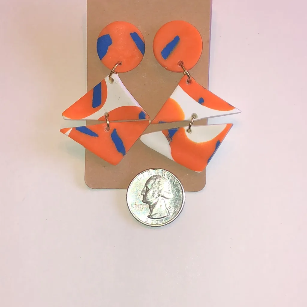 Orange and Blue Geometric Retro Boho Clay Earrings - Image 3