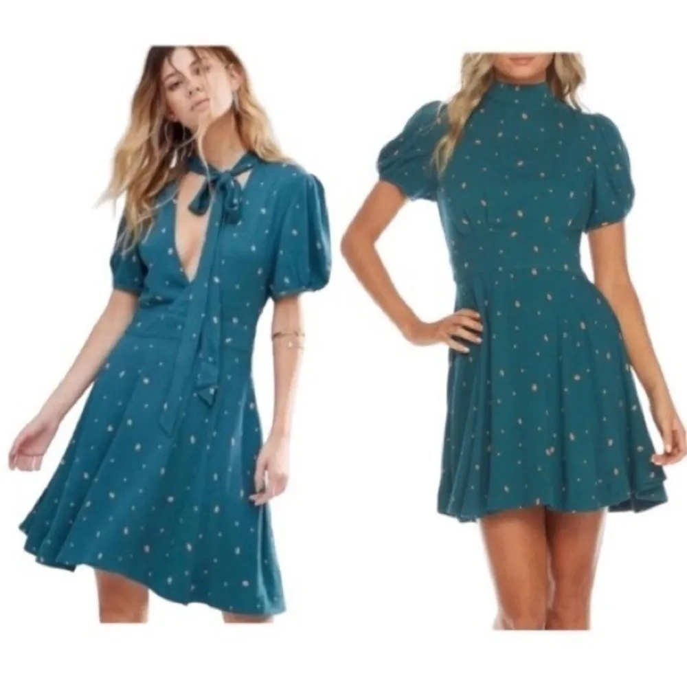 NWT Free People Abbie Tie Neck Puff Sleeve Reversible Mini Dress in Green Combo - Image 13