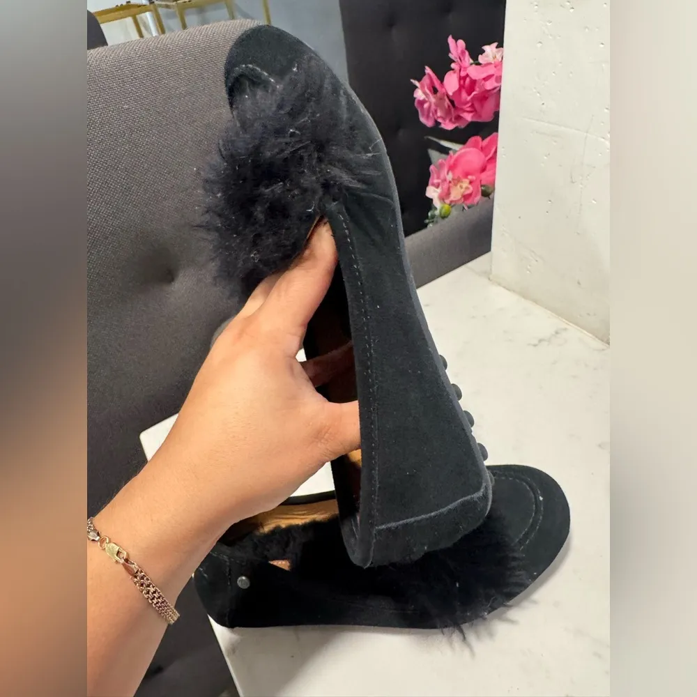 UGG Black Suede Loafers with Faux Fur Detail - Image 9