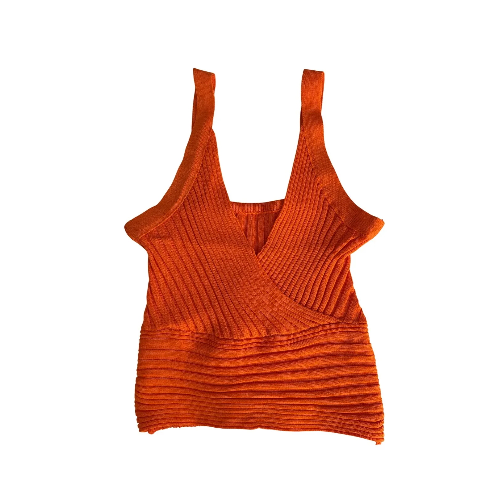 Ribbed Knit Crop Top Tangerine Orange Sleeveless V Neck Cami Tank‎ - Image 2
