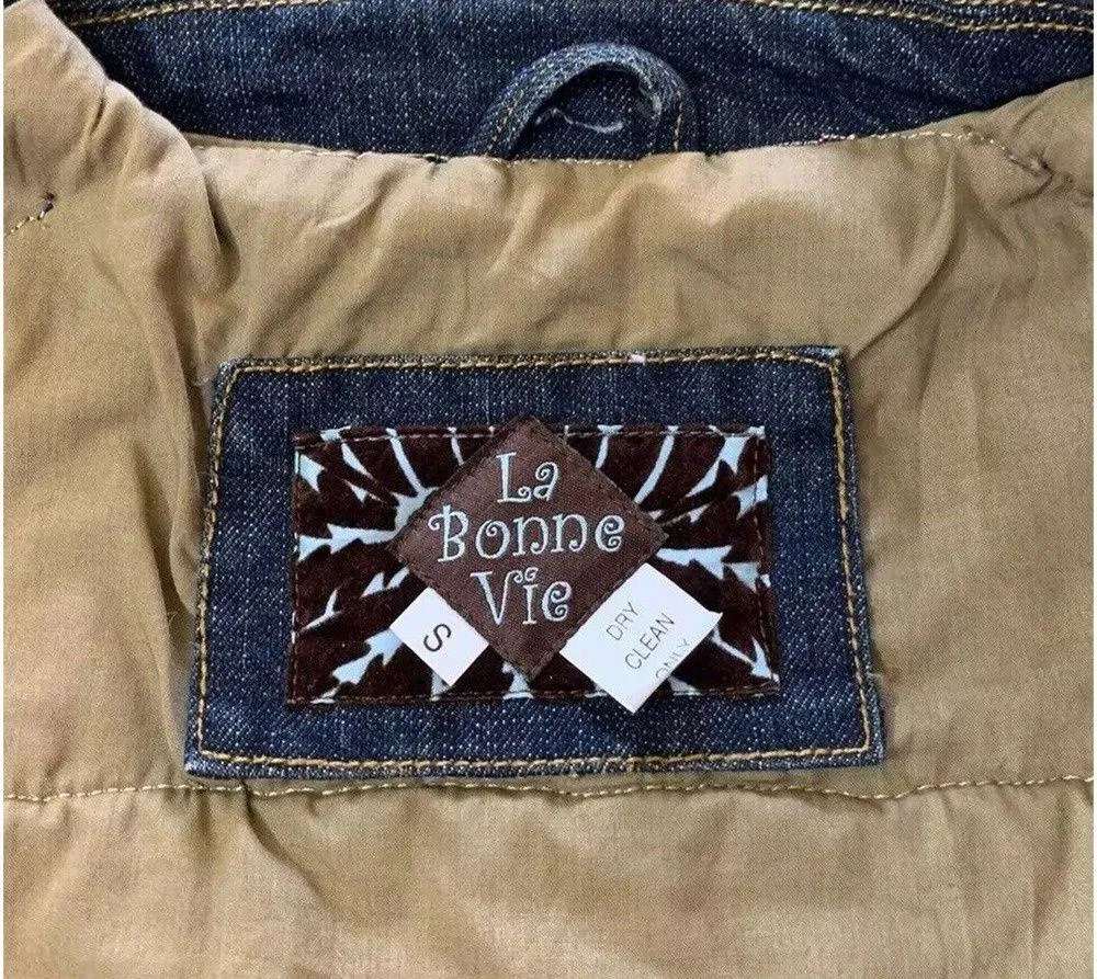 Womens La Bonne Vie Cropped Denim Trench Coat Jean Jacket Blue Brown Print Sz S - Image 9