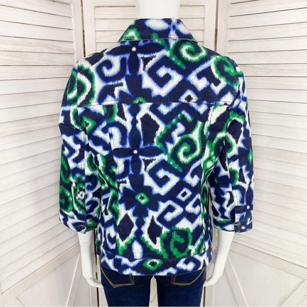 Chico’s Floral Ikat Stretch Cotton Jacket Blue Green Small 3/4 Sleeve - Image 4