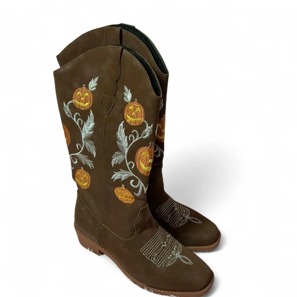 Pumpkin‎ Cowboy Boots Embroidered Halloween Western Boots Festival Women 38 Brown Size 7.5 - Image 2