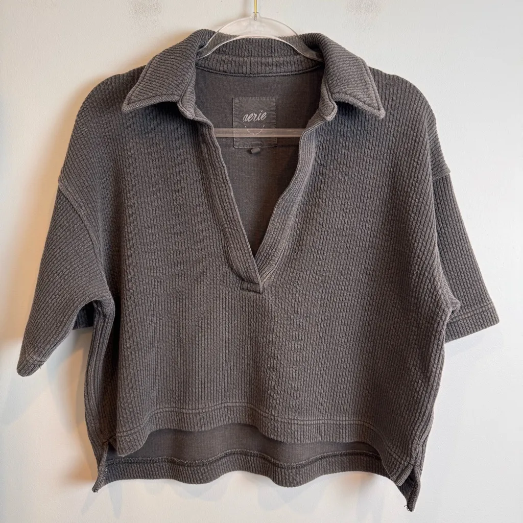 Aerie | Wonder Short Sleeve Ribbed Cropped Polo Shirt - Image 2