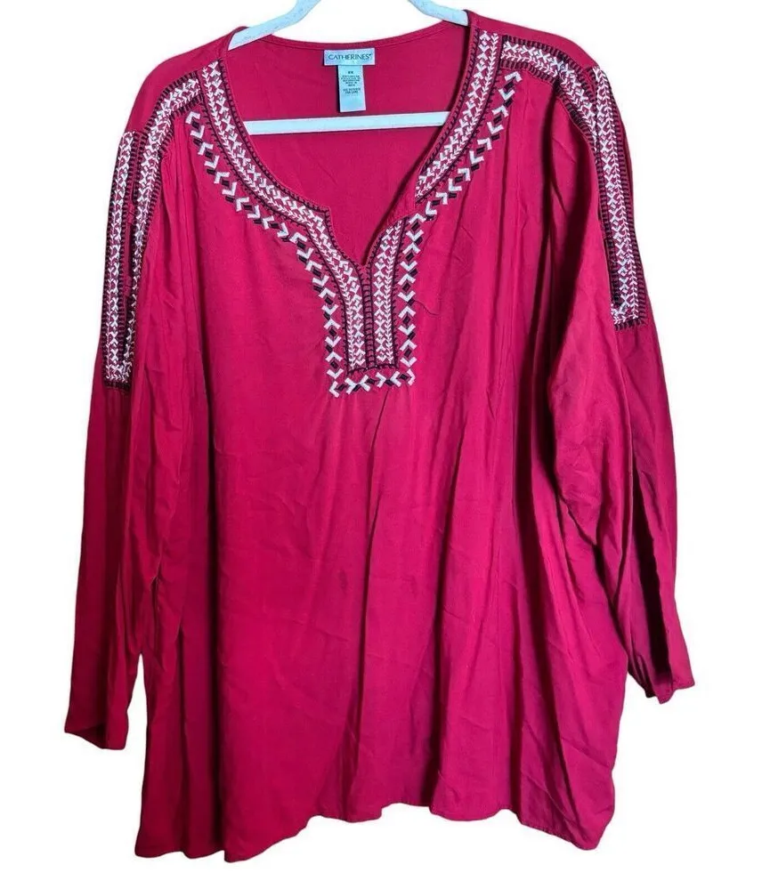 Catherines Tunic Top Womens 2X Red Boho Embroidered Trim Cold Shoulder Blouse - Image 1