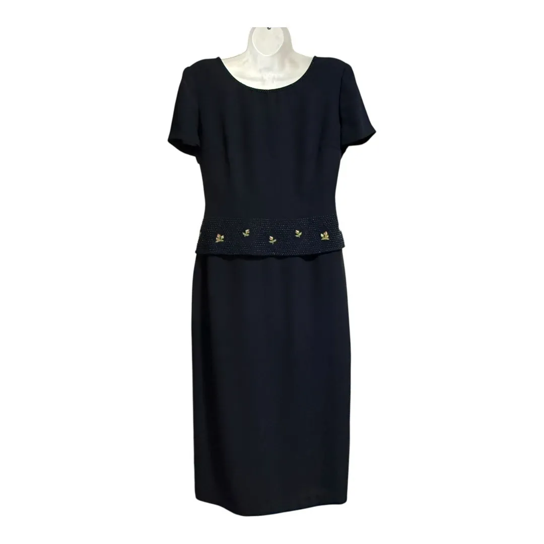 Donna Morgan Petites Black Beaded Waist Short Sleeve Sheath Dress Size 10 Vtg - Image 4