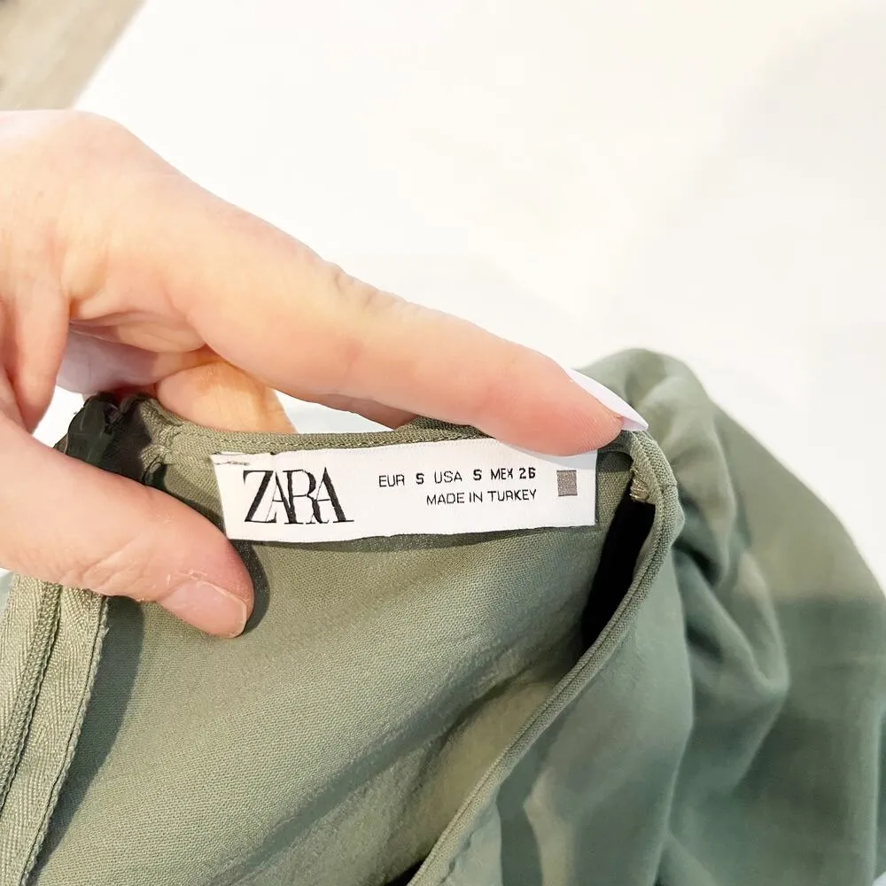 Zara Short Puff Sleeve Round Neck Cut Out A-Line Midi Dress Green Small - Image 2