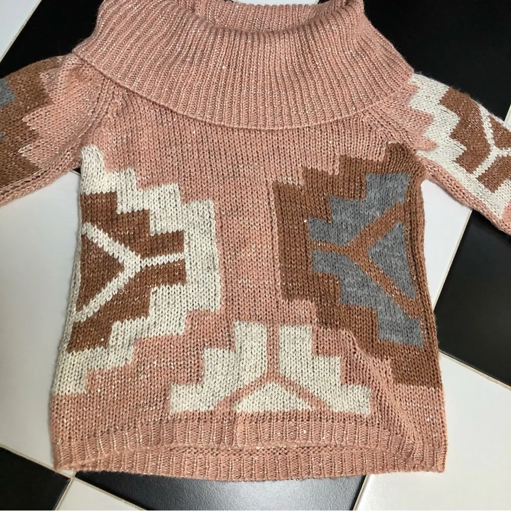 Oversized Knit Sweater Cowl Neck Sequins Dusty Rose Pink Aztec Print XS - Image 3