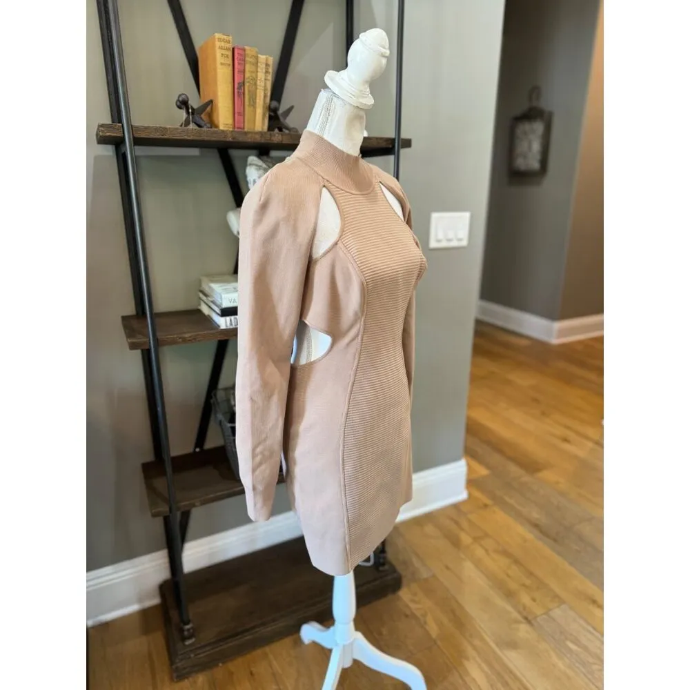 HERVE LEGER Ottoman Cutout Long Sleeve Minidress Fawn Womens Size Large - Image 7