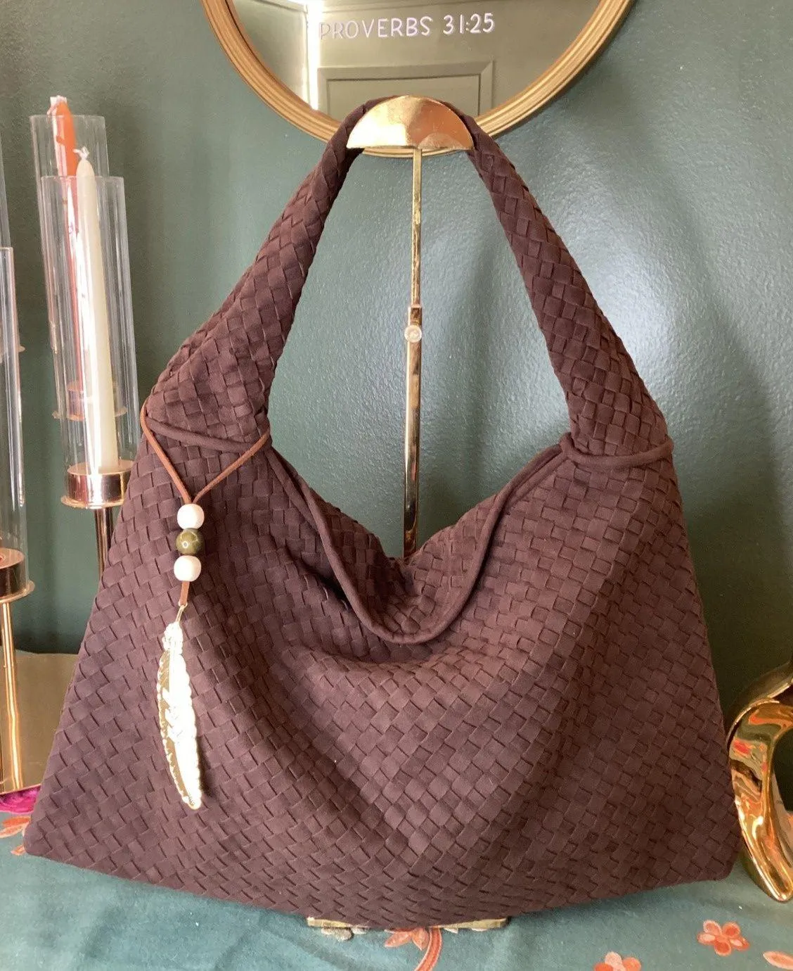 Luxury Faux Suede Woven Hobo Shoulder Bag Chocolate Brown Chic Everyday - Image 1