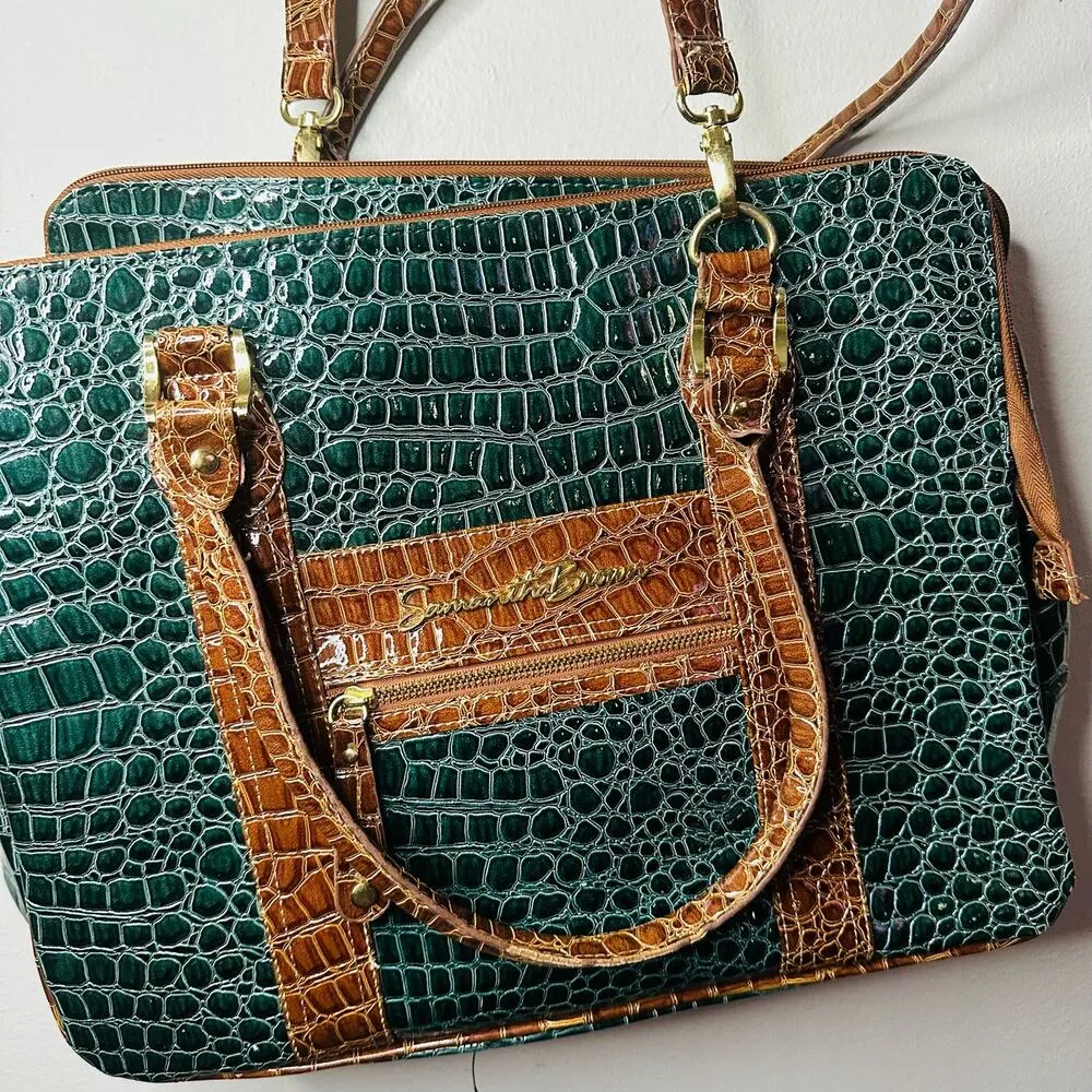SAMANTHA Emerald Green Brown Croc Embossed Leather Three Compartment Travel Tote - Image 4