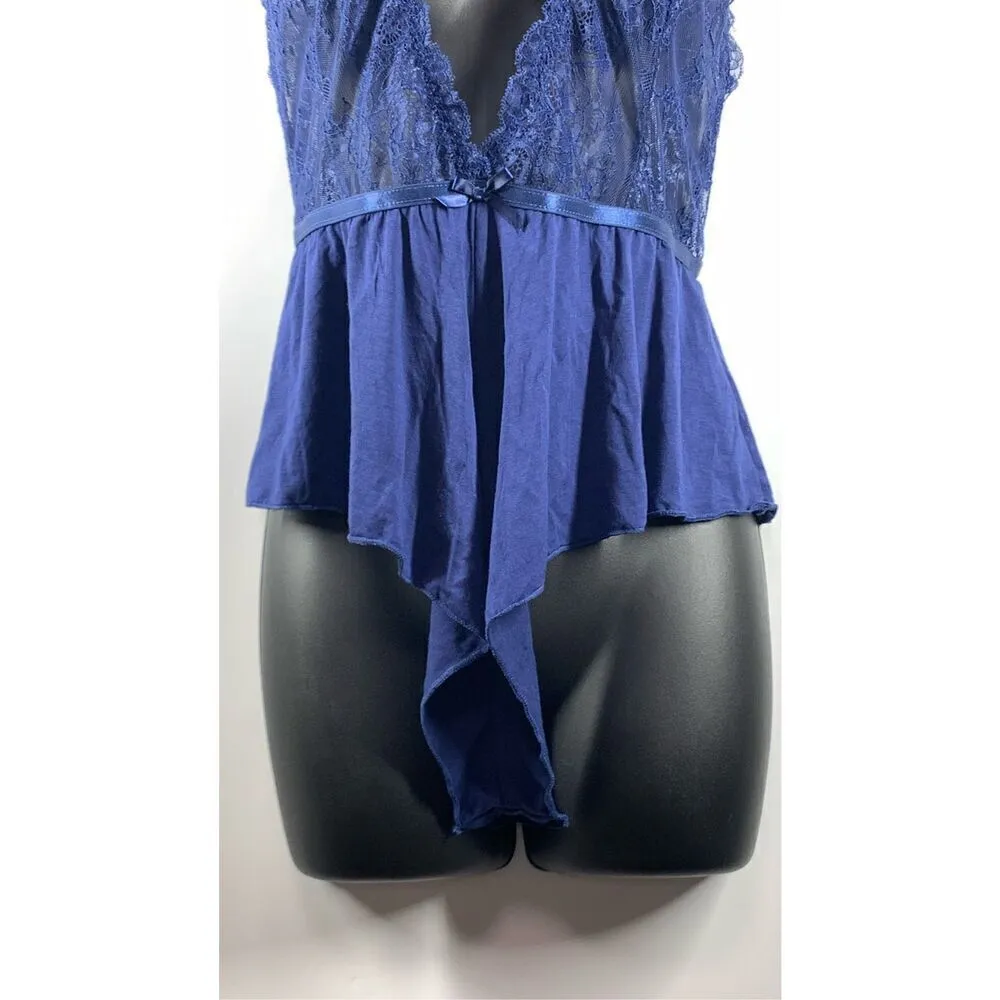 Yandy Women's Lace Plunge Adjustable Strap Romper Negligee Blue Size L/XL - Image 5