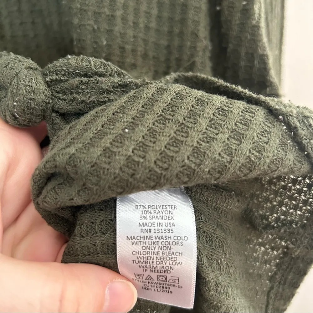 Nine Britton Top Waffle Knit Olive Green 3/4 Sleeve Tie Front Crewneck Neutral - Image 7