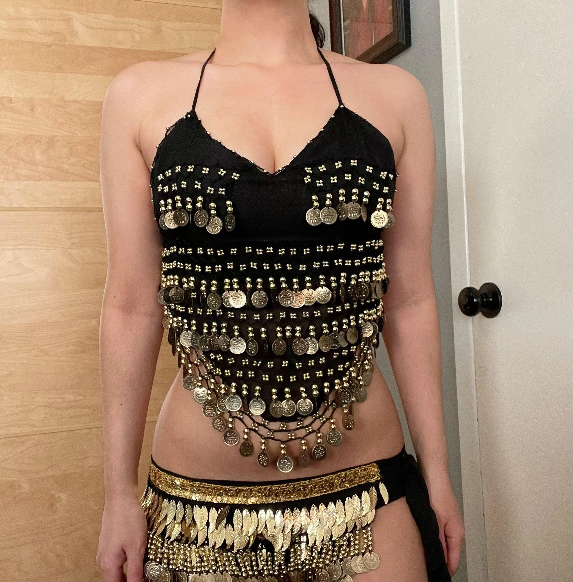 cute sexy belly dancer backless dangling fringe coin chiffon gold Halloween costume - Image 3