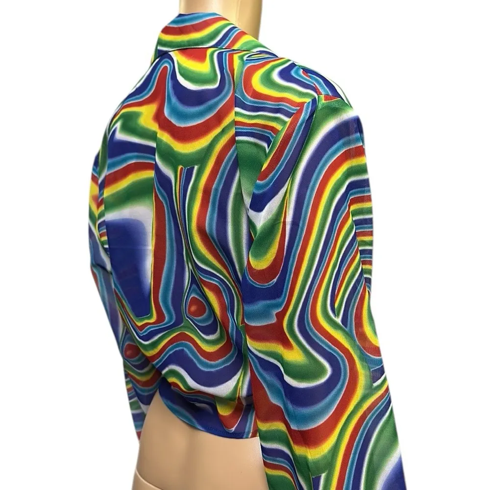Hot Stuff Psychedelic Print Front Tie Long Sleeve Button Up Blouse Top Medium Blue - Image 9