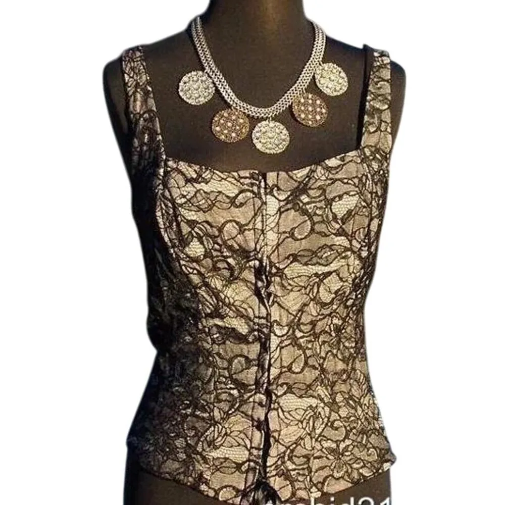 Cache Black Peek A Boo Lace Over White Mesh Bustier Lace Up Top New NWT $128 - Image 2