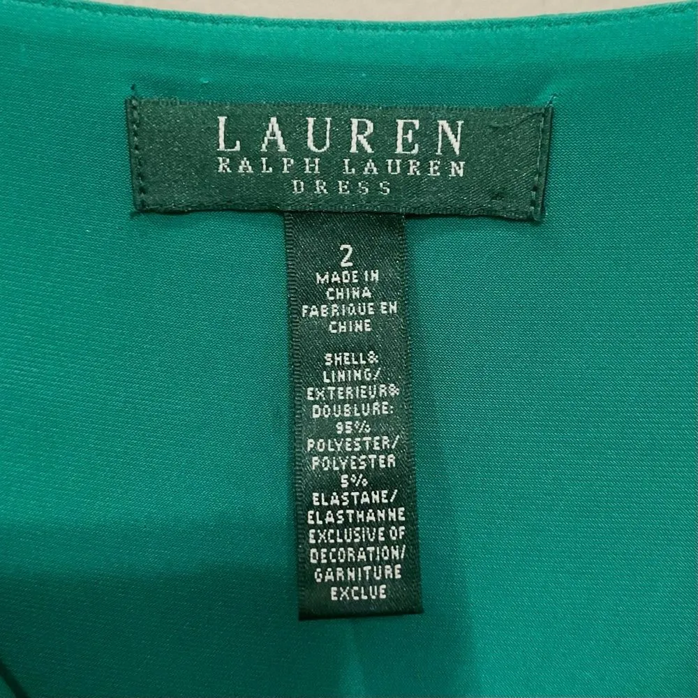 Lauren Ralph Lauren Green Surplice Dress Sz 2 Fitted Stretch Knit Cap Sleeve - Image 3
