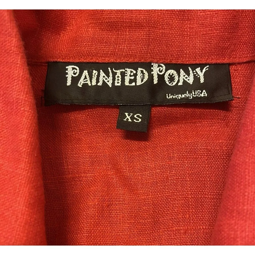 VTG Painted Pony Blazer Short Jacket Womens XS Linen Red Zebra Wooden Button USA - Image 6