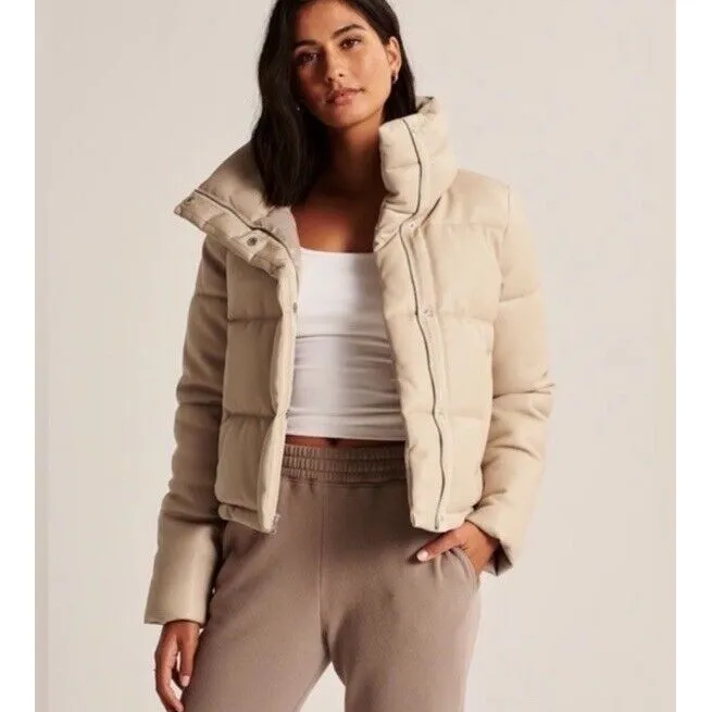 Abercrombie & Fitch Women's Large Cream‎ Vegan Leather Mini Puffer Jacket - Image 8
