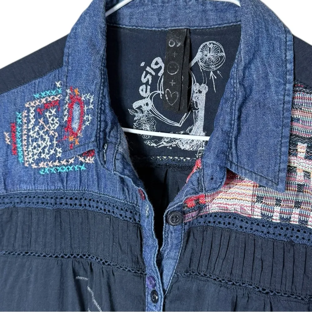 Desigual Women’s Sz Medium Button Front Blouse Embroidery Long Sleeve - Image 2