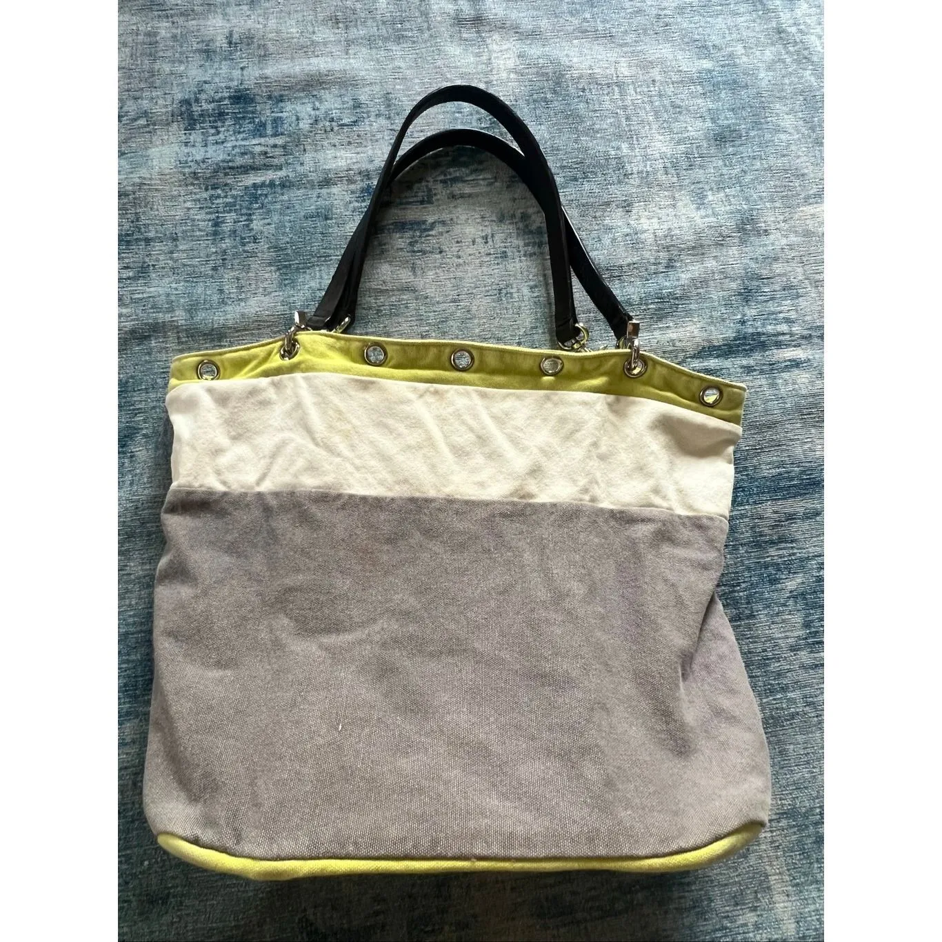 Banana Republic Yellow Green Cream Gray Cotton Canvas Zip Top Bucket Bag - Image 2