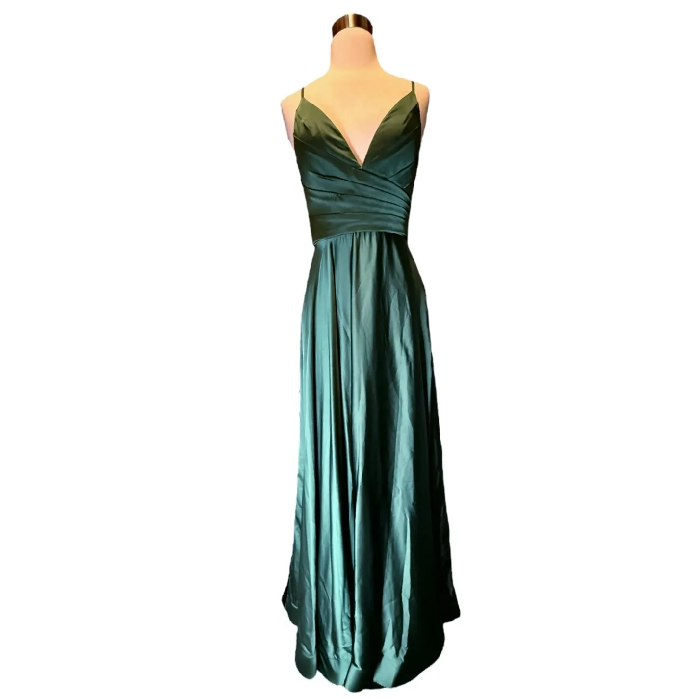 LA FEMME Emerald Green Satin Ball Gown Plunge V-Neck Dress Slit Evening 6 NWT - Image 5