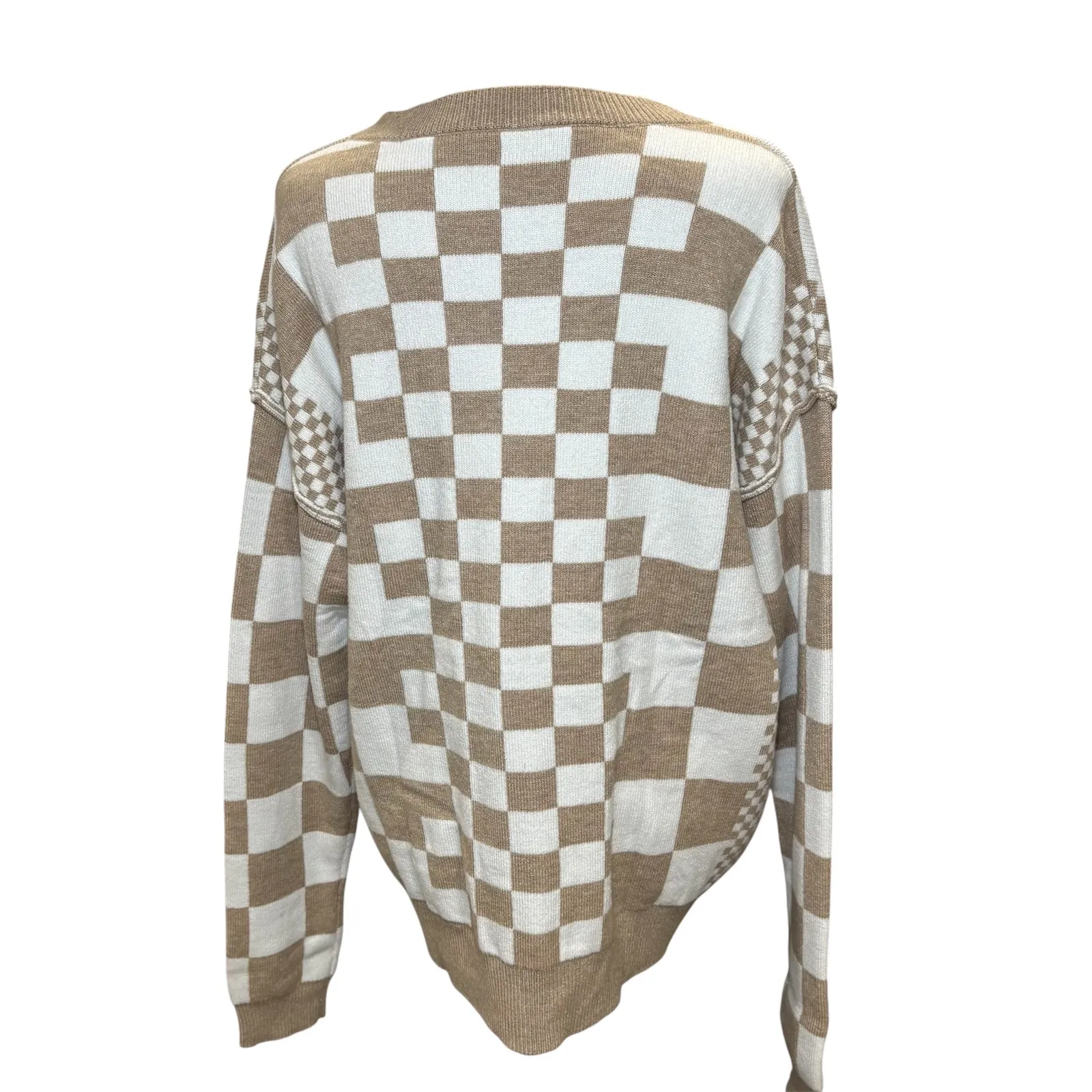 Checkerboard Beige White Print Drop Shoulder Round Neck Sweater Medium‎ Heavy - Image 4