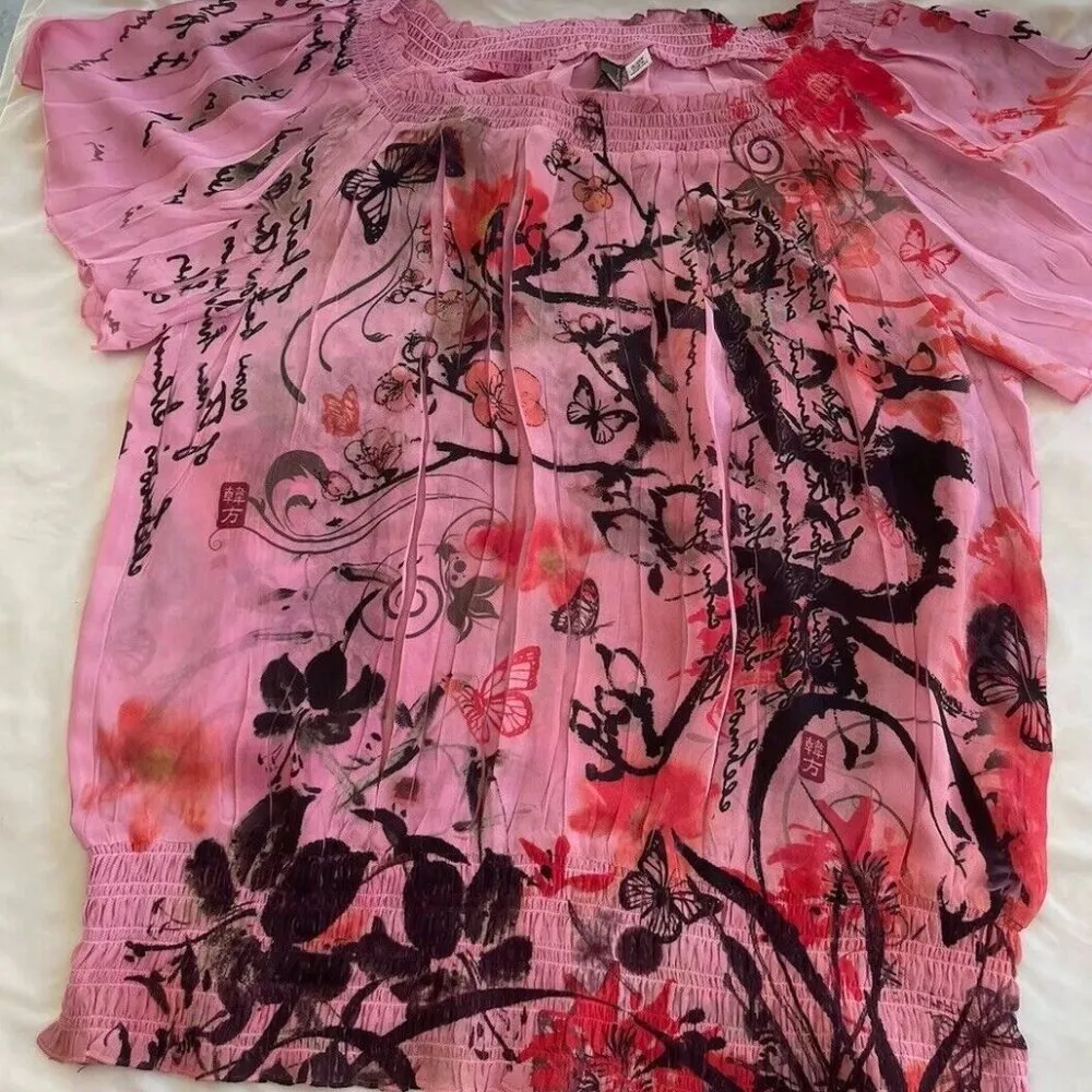 Serenade Women's Blouse Sz 18/20W Plated Button Up Chiffon Shirt Ruffle Sleeve Pink - Image 4