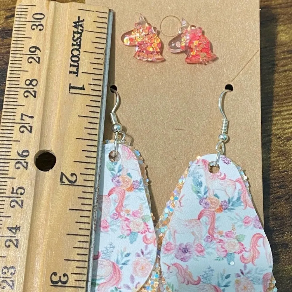Women's Glitter Unicorn‎ Earring Set Dangle And Studs Peach Set Vegan Leather - Image 5
