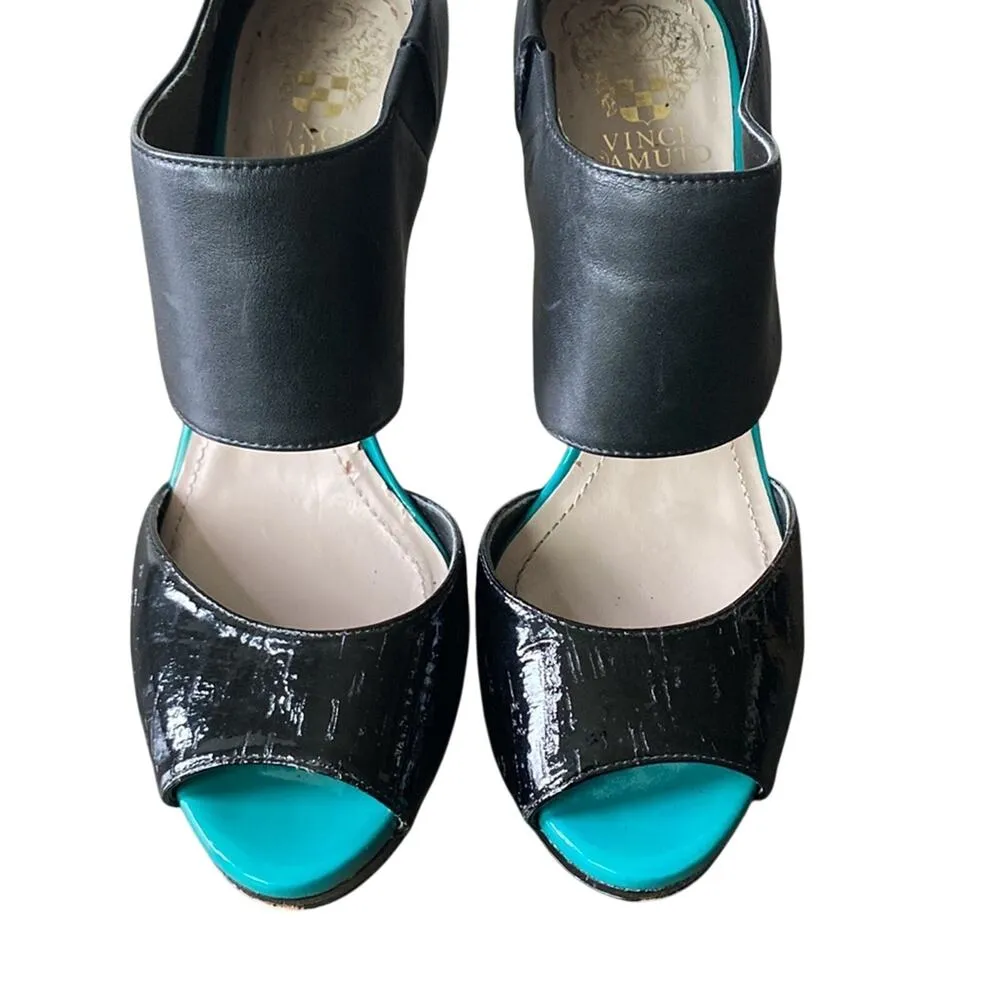 VINCE CAMUTO Leather Sandal Womens Sz 8.5 Black Platform Peep Toe - Image 3