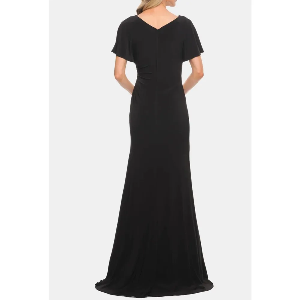 La Femme Black V-Neck Ruched Short Sleeve Maxi Jersey Evening Gown Size 20 - Image 27