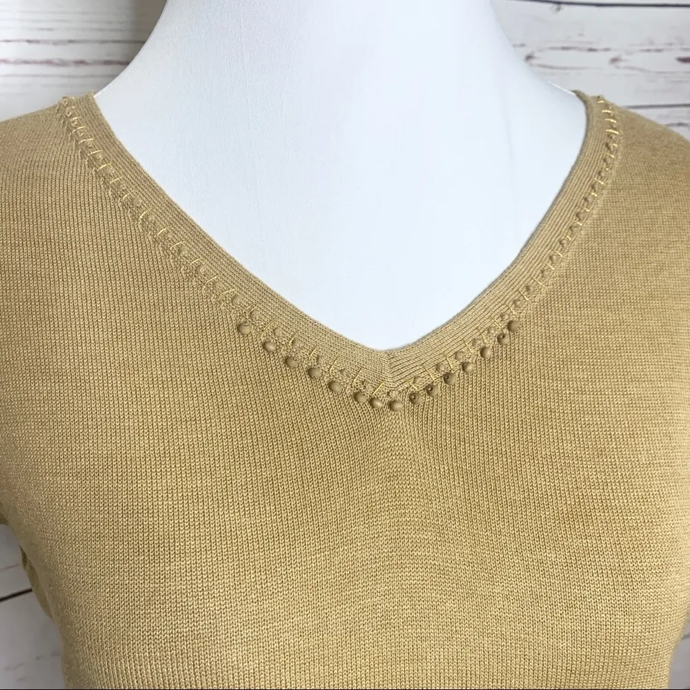 J. Jill Silk Blend Crochet Sleeve Beaded V Neck Top Size Small Tan Khaki Camel - Image 3