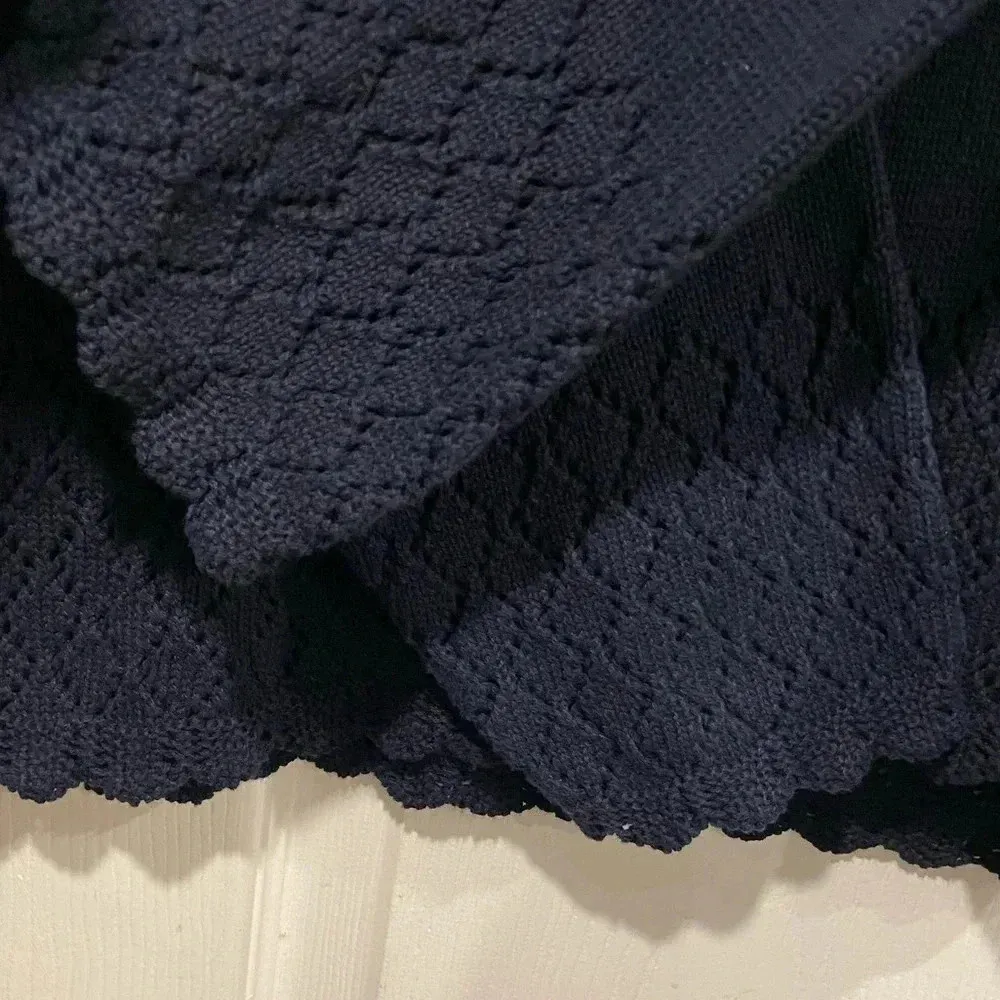 Villager Navy Blue Cotton Long Sleeve Sweater Crochet Lace Scalloped Trim Size S - Image 5