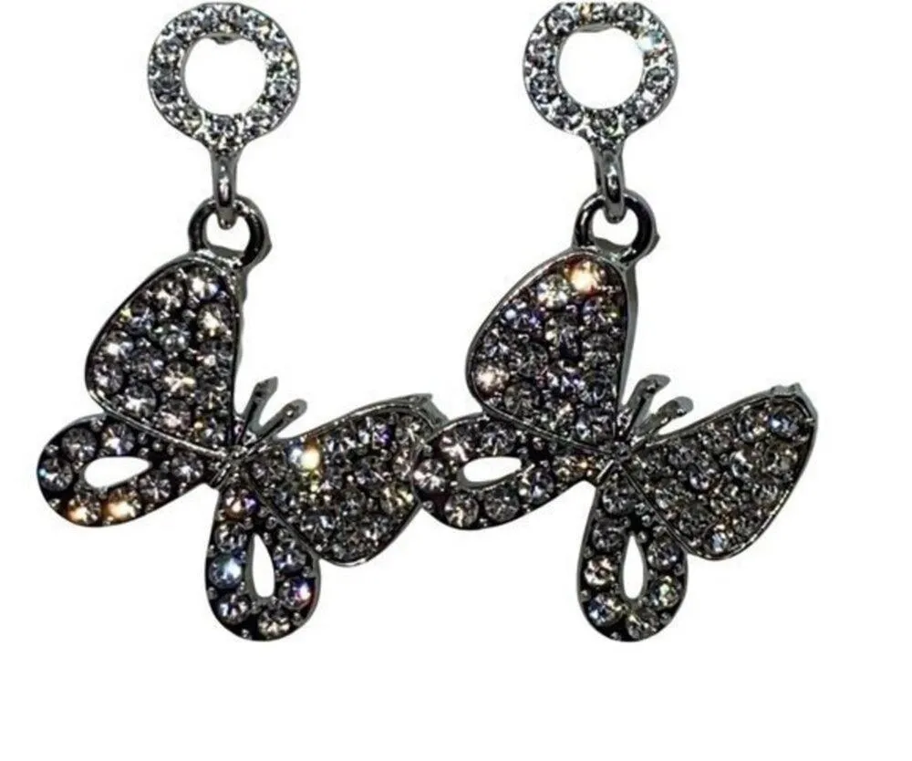 New NWT Silver-Tone Clear Rhinestone Dangle Butterfly Earrings - Image 2
