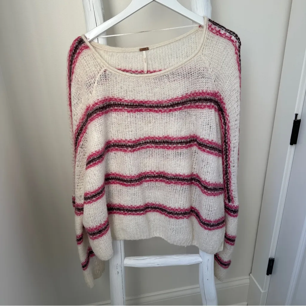 Free People Hockley Stripe Sweater Evening Cream with Pink and Purple Stripes - Image 11