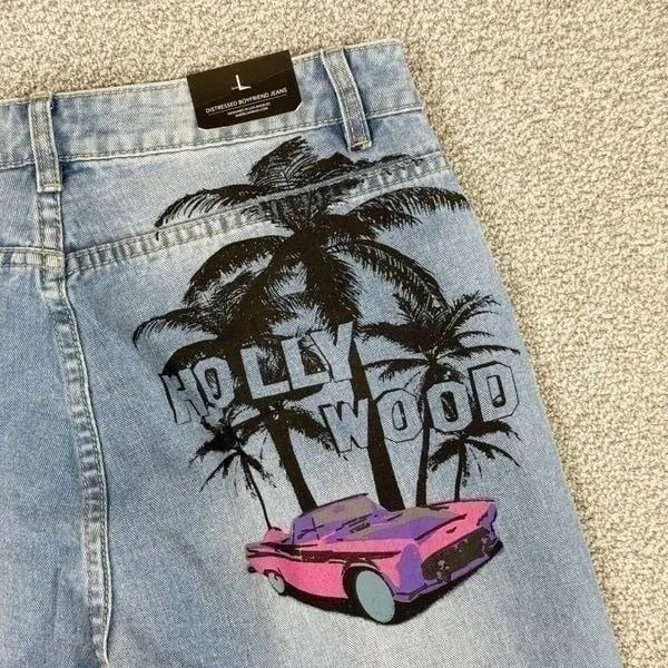 American Bazi Distressed Boyfriend Jeans Hollywood Graffiti Blue Large - Image 5