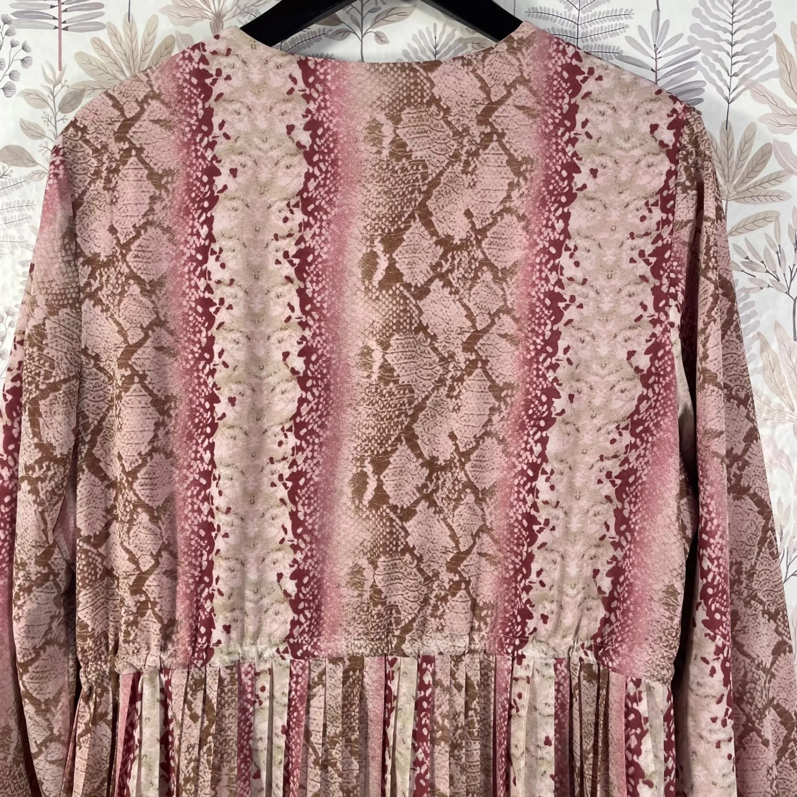 Porter XL Midi Dress Pink Snake Print Long Sleeve Pleated Skirt Boho Cottagecore - Image 10
