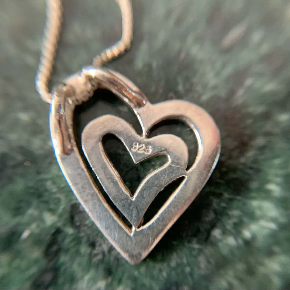 Blue Mother Of Pearl Inlay Double Heat Pendant Necklace 925 Sterling Silver 18” - Image 4