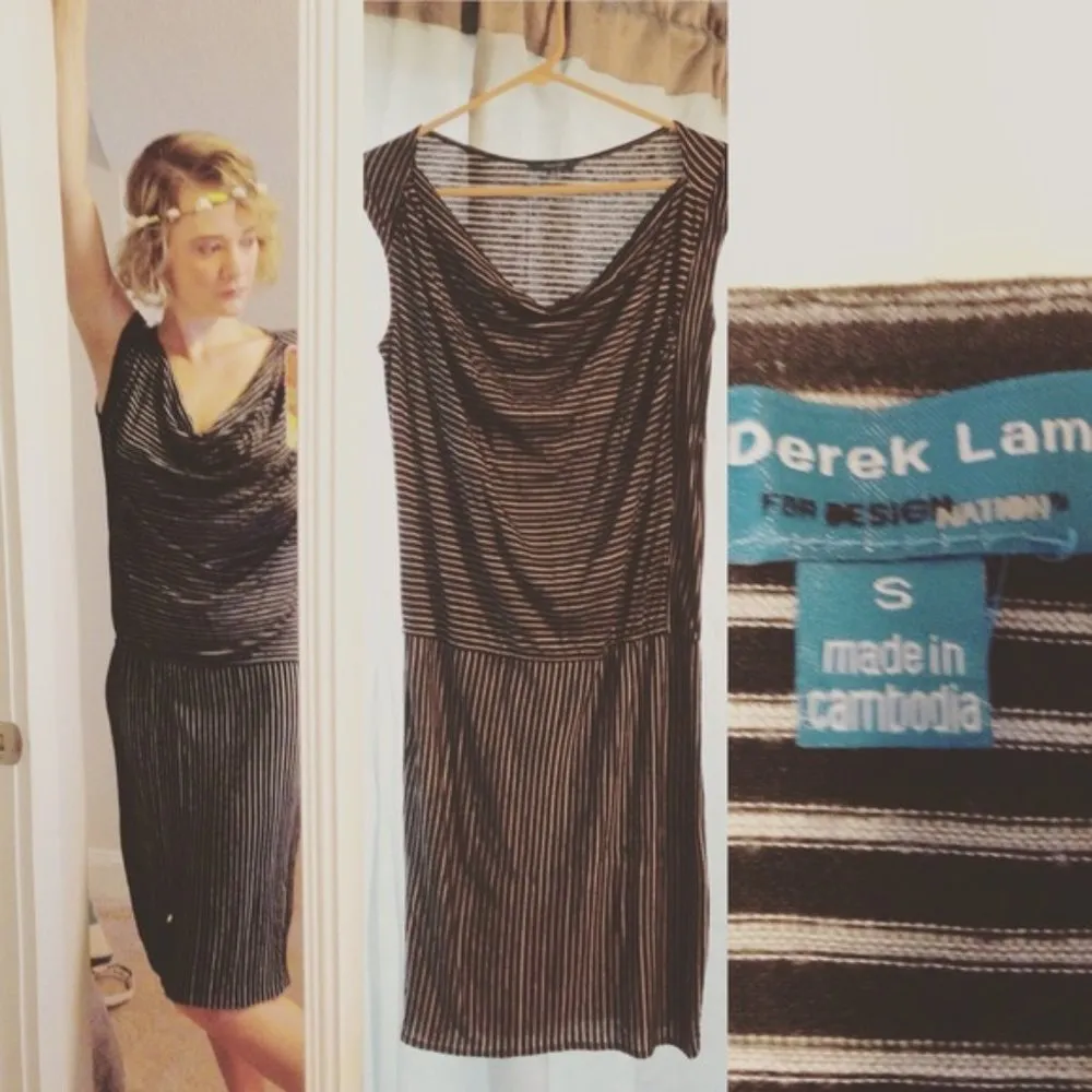 DEREK LAMB Small Black, White Stripe Knit, Cowl Neckline, Drop Waist Dress - Image 2