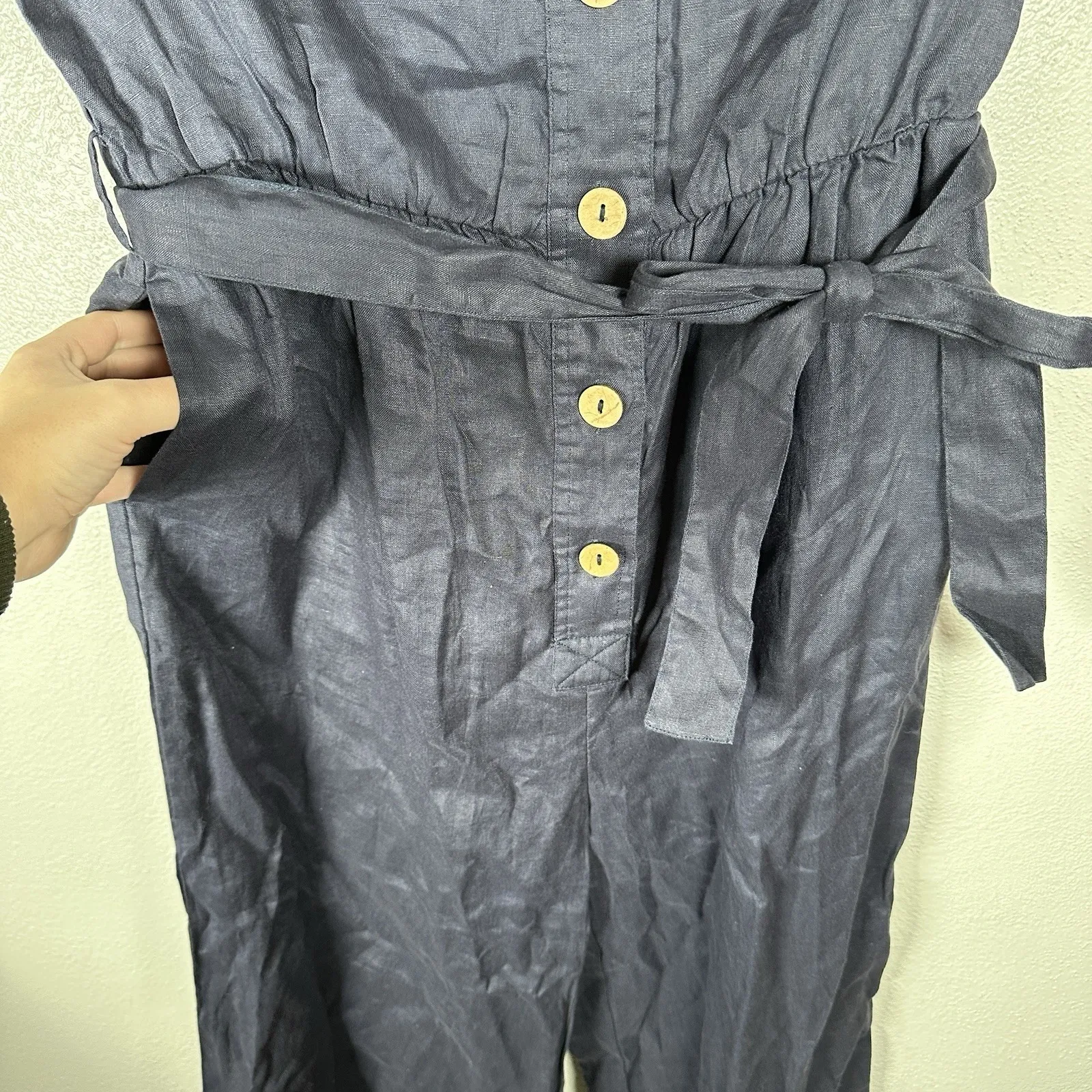 NEW Grae Cove Linen Jumpsuit Navy Blue Wide Leg Button Belted Womens Small - Image 3