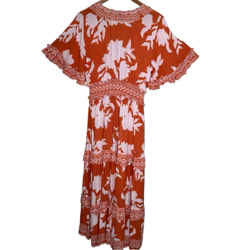 Flying Tomatoe Bohemian Maxi Dress in Orange White Floral Ruffle Dress Size L - Image 5