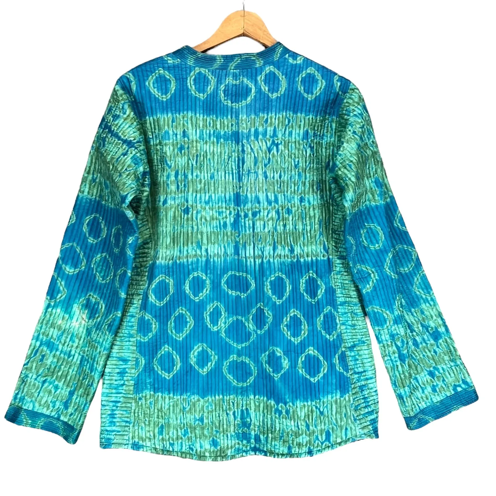 Sudha Women's Quilted Silk Wrap Blue Green Diamond Pattern‎ Boho Jacket Medium - Image 2
