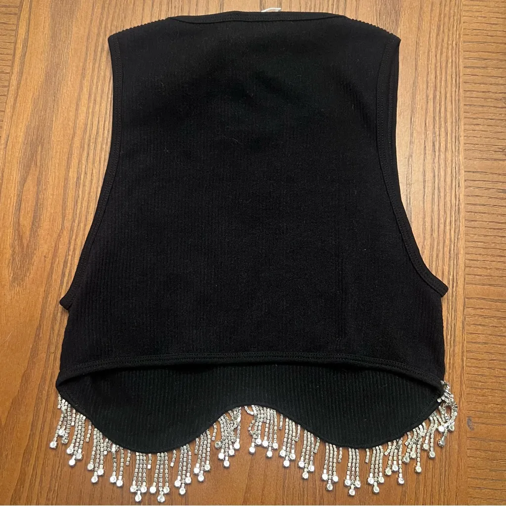 ZARA Seamless Rhinestone Fringe‎ High Neck Sleeveless Crop Top Black Size XS/S - Image 12