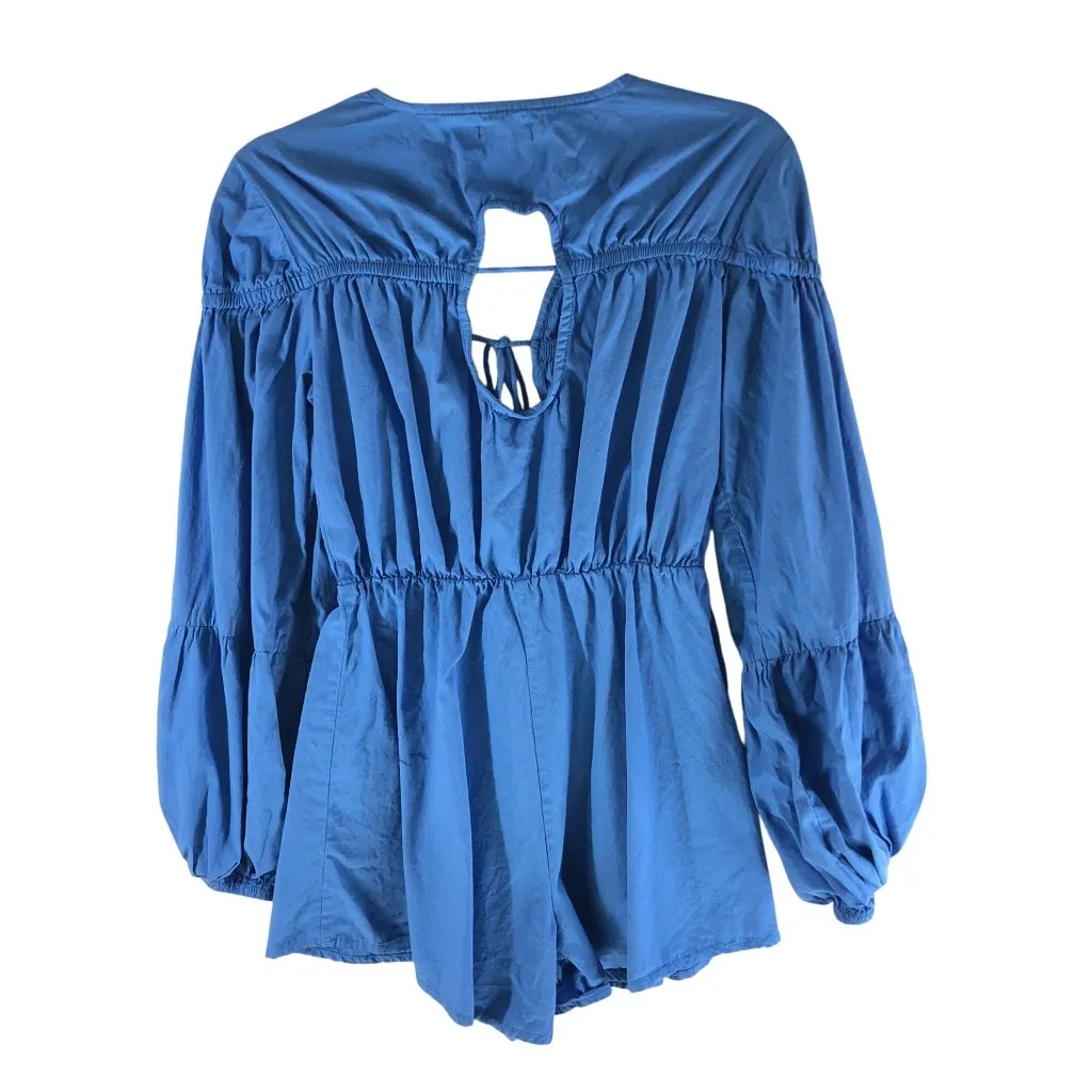 Blue Boohoo Long Sleeve Tie Front Romper 100% Cotton Womens Casual Style US 4 - Image 2
