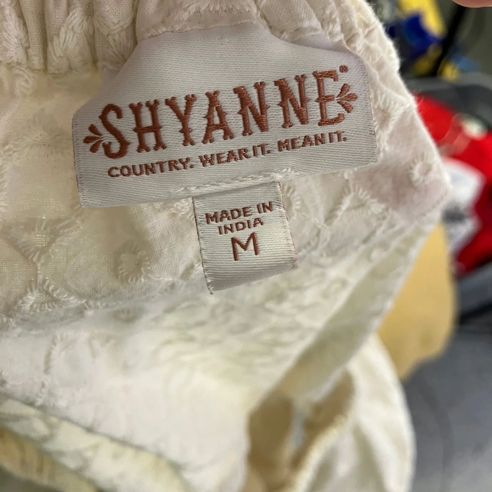 Shyanne Women's Dress‎ Ivory Floral Eyelet Short Sleeve Tiered Button Bohemian M - Image 10